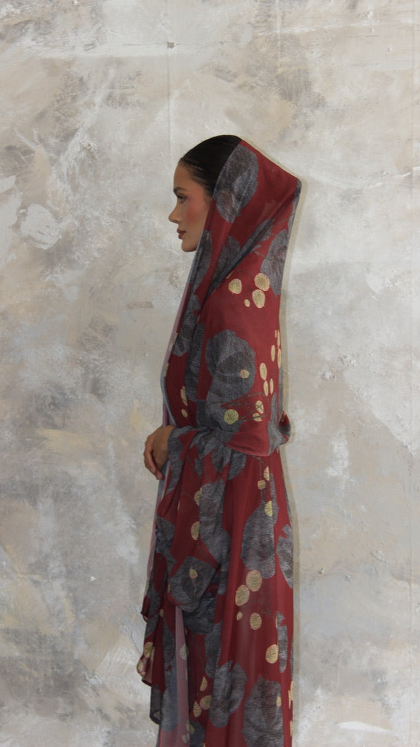 Sommer Wine Printed Kimono and Scarf Set