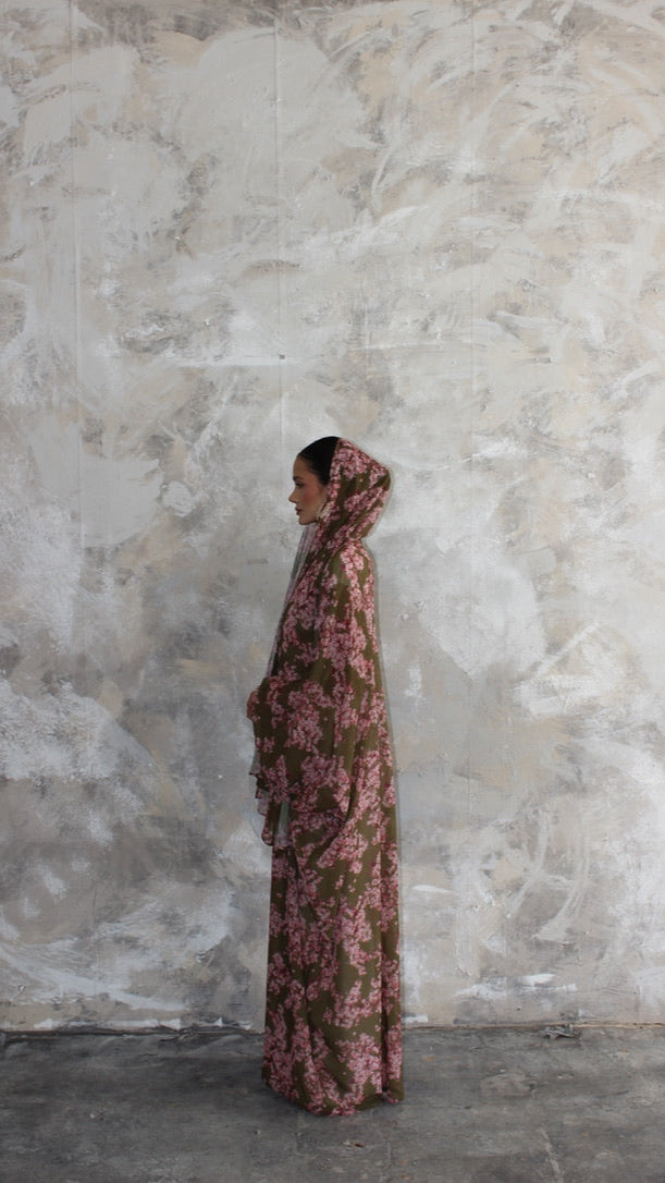 Sommer Khaki Printed Kimono and Scarf Set