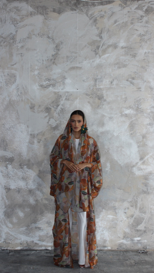 Sommer Brown Patchwork Printed Kimono and Scarf Set