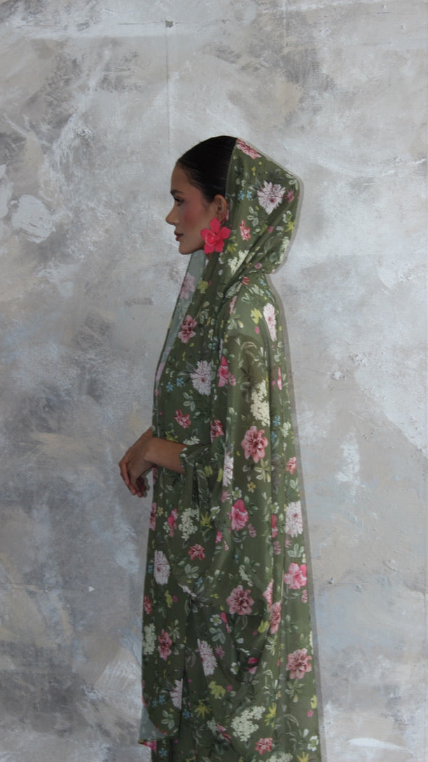 Sommer Khaki Floral Print Kimono and Scarf Set