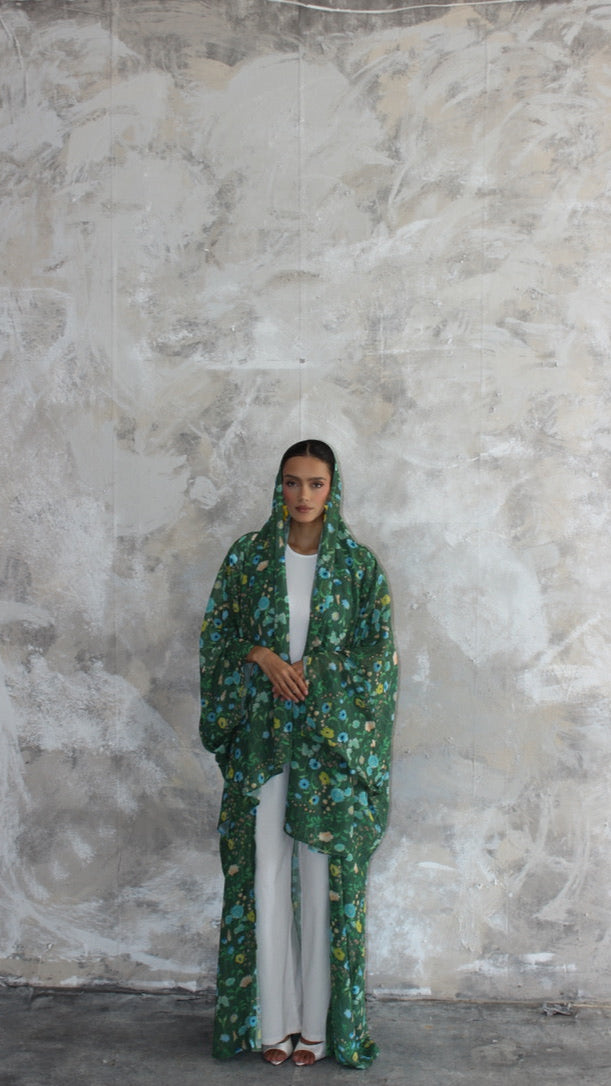 Sommer Forest Green Printed Kimono and Scarf Set