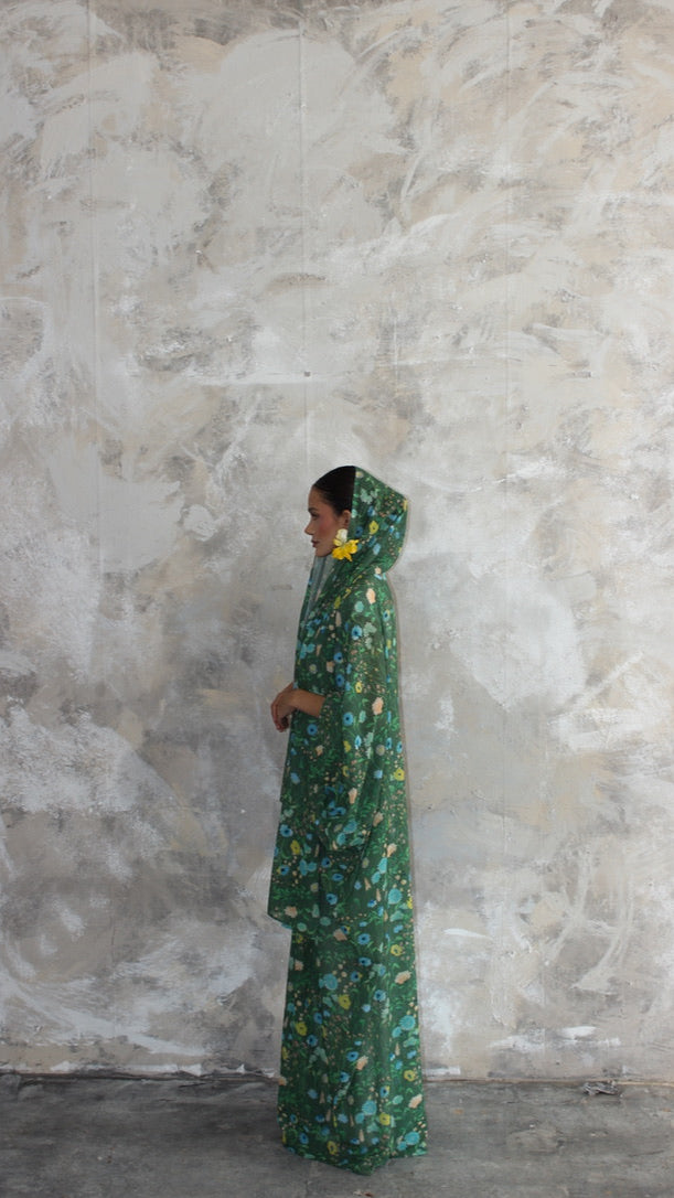 Sommer Forest Green Printed Kimono and Scarf Set