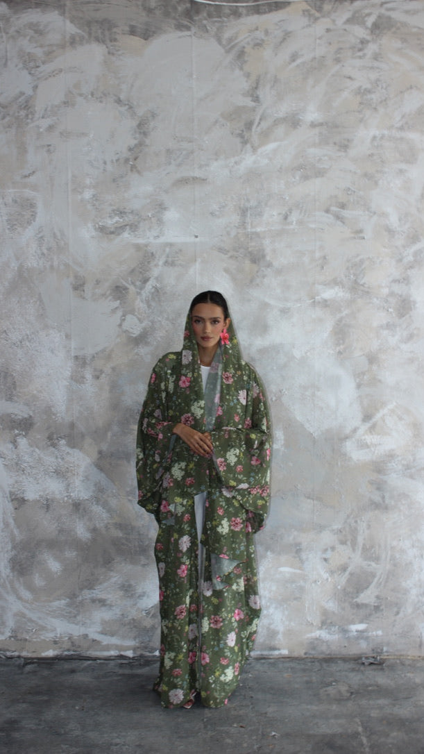 Sommer Khaki Floral Print Kimono and Scarf Set