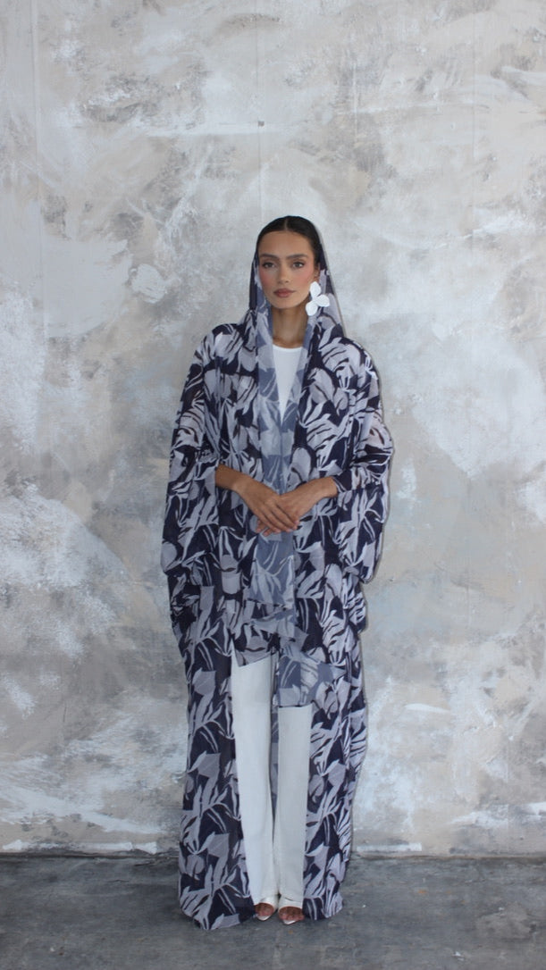 Sommer Dark Blue Print Kimono and Scarf Set