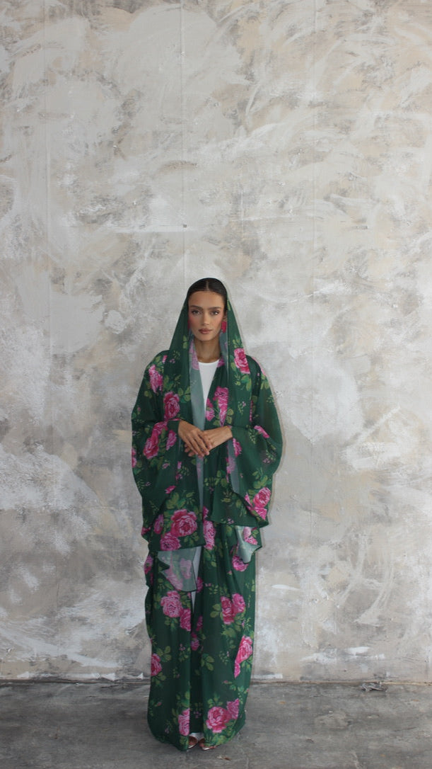 Sommer Emerald Printed Kimono and Scarf Set