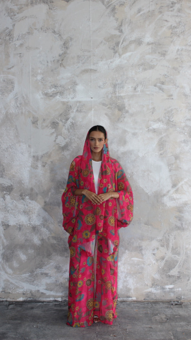 Sommer Retro Pink Printed Kimono and Scarf Set