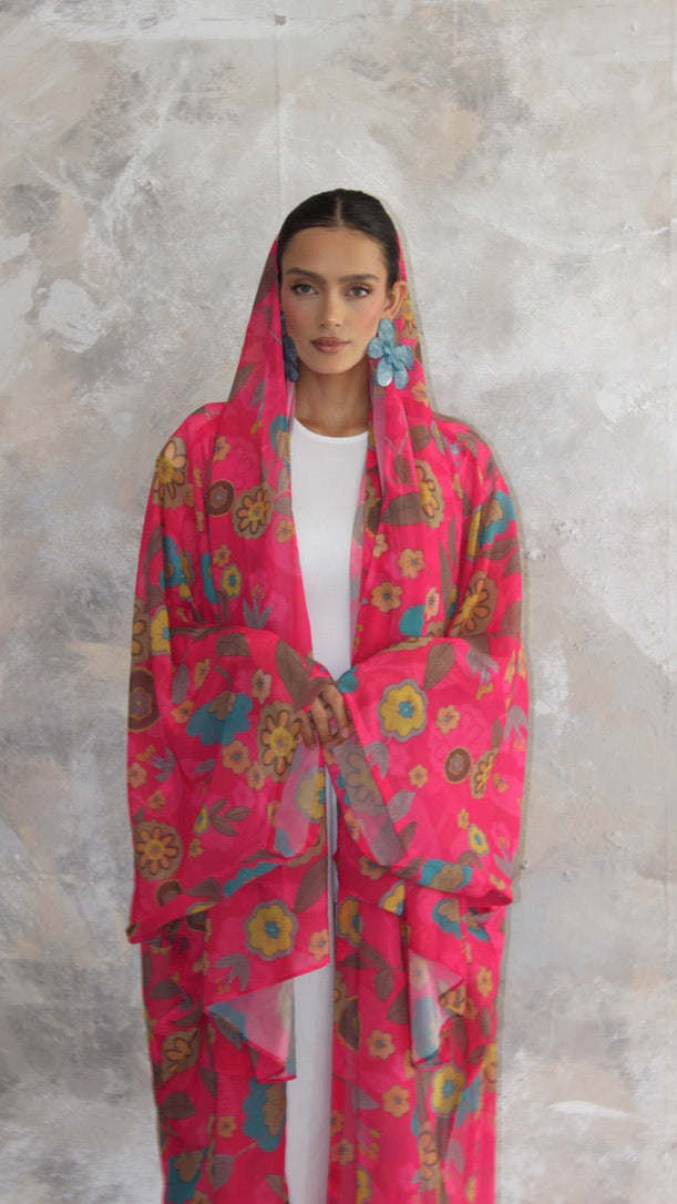 Sommer Retro Pink Printed Kimono and Scarf Set