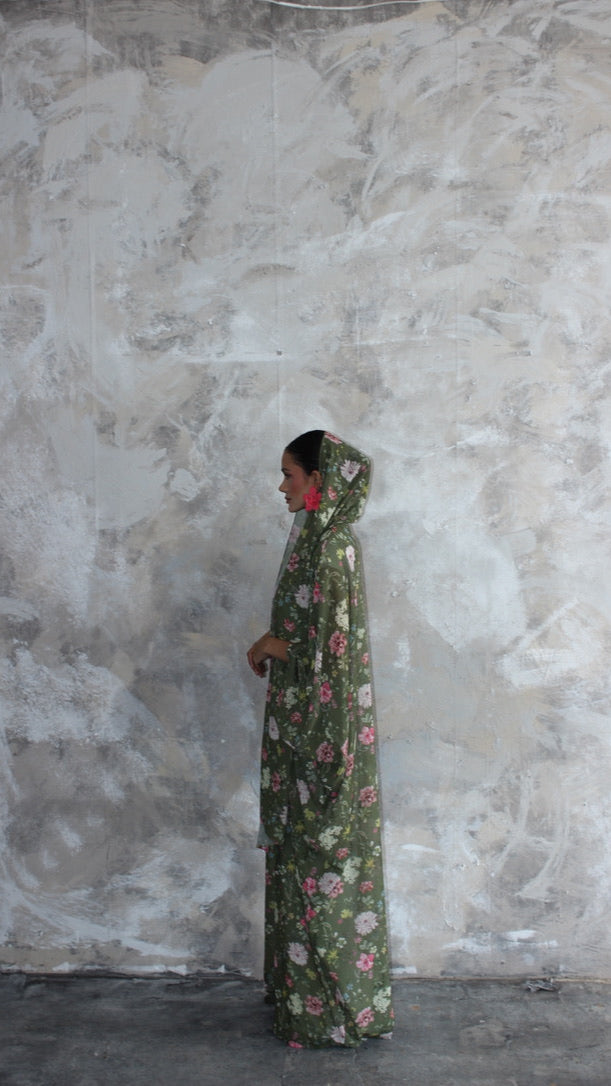 Sommer Khaki Floral Print Kimono and Scarf Set