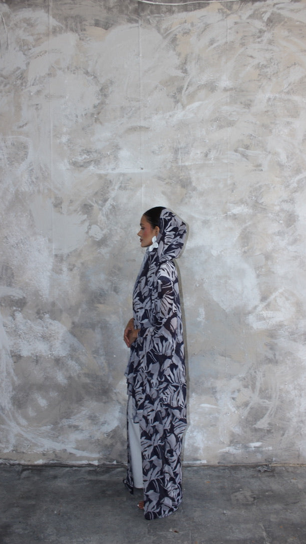 Sommer Dark Blue Print Kimono and Scarf Set