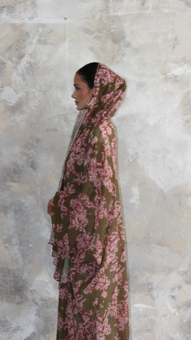 Sommer Khaki Printed Kimono and Scarf Set