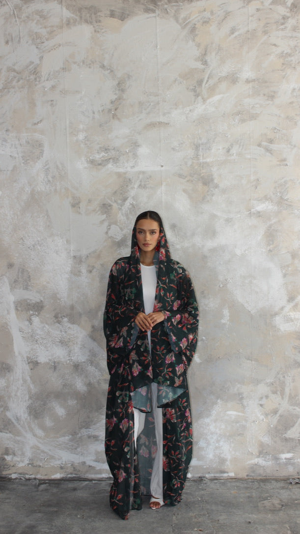 Sommer Bottle Green Printed Kimono and Scarf Set