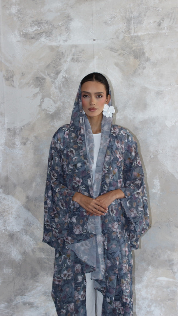 Sommer Ice Blue/Grey Printed Kimono and Scarf Set