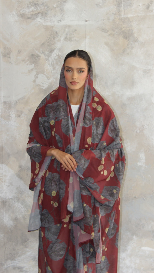 Sommer Wine Printed Kimono and Scarf Set