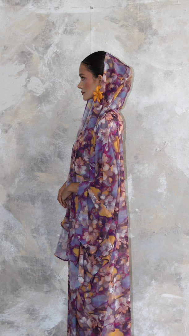 Sommer Purple Printed Kimono and Scarf Set