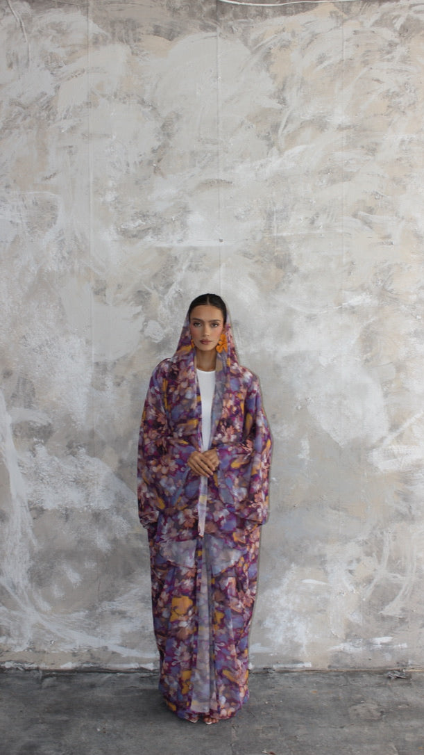 Sommer Purple Printed Kimono and Scarf Set