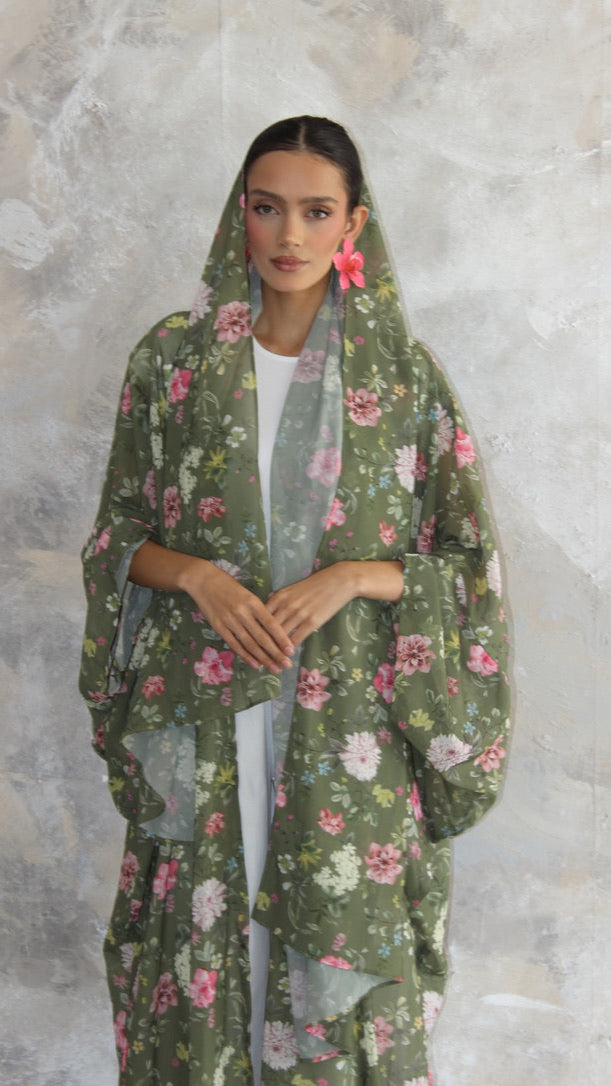 Sommer Khaki Floral Print Kimono and Scarf Set