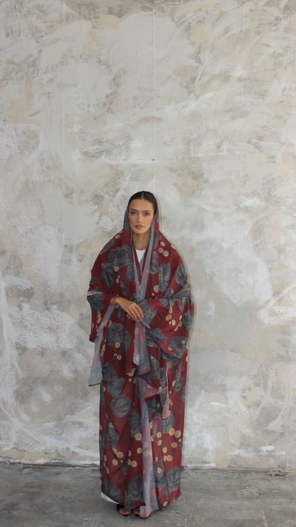 Sommer Wine Printed Kimono and Scarf Set