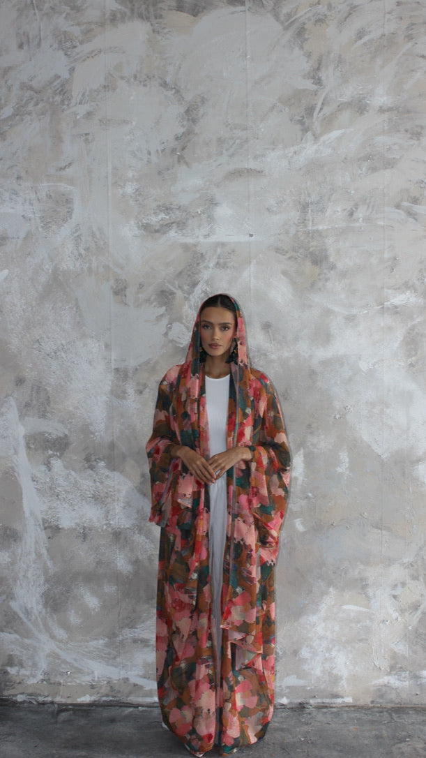 Sommer Pink Patchwork Printed Kimono and Scarf Set
