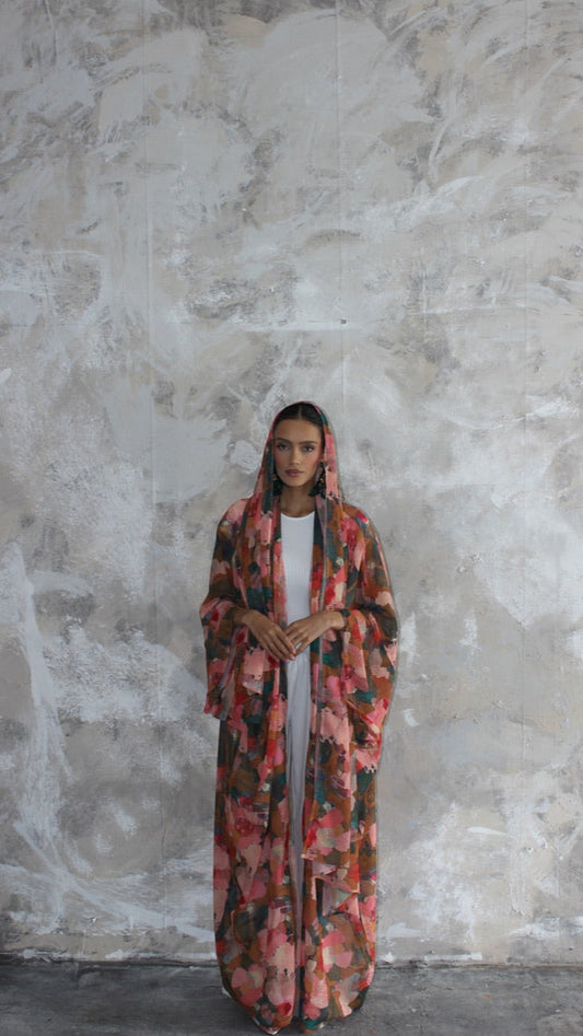 Sommer Pink Patchwork Printed Kimono and Scarf Set
