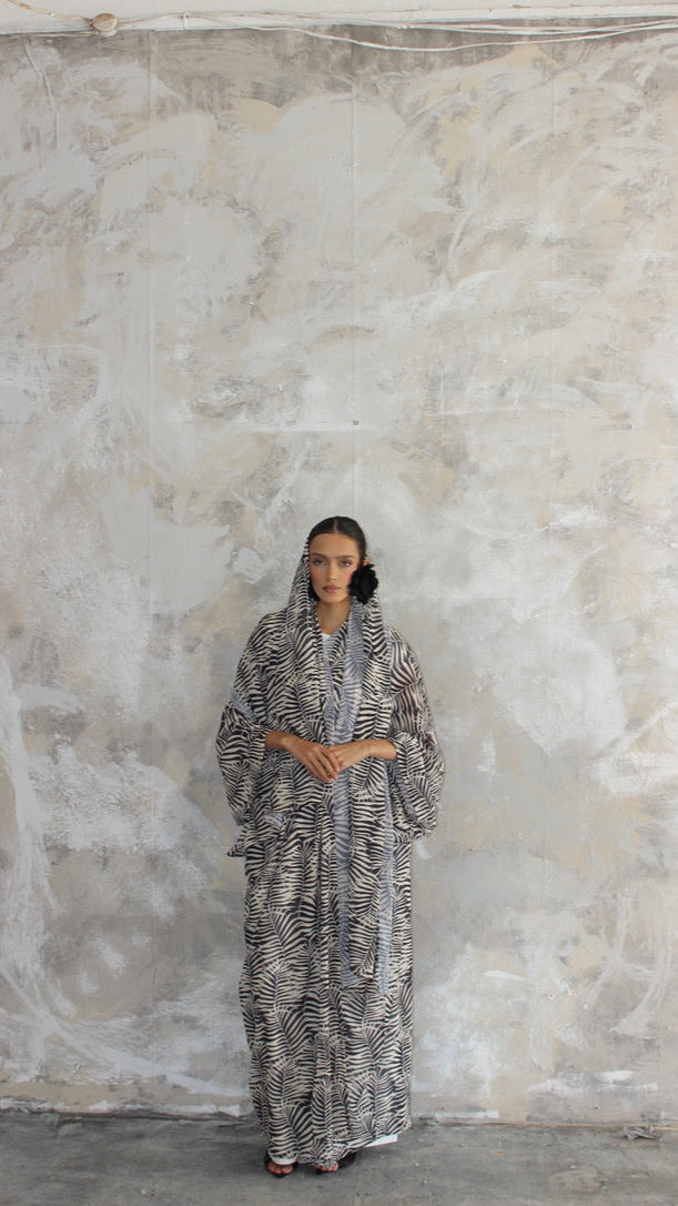 Sommer Black and Nude Zebra Print Kimono and Scarf Set