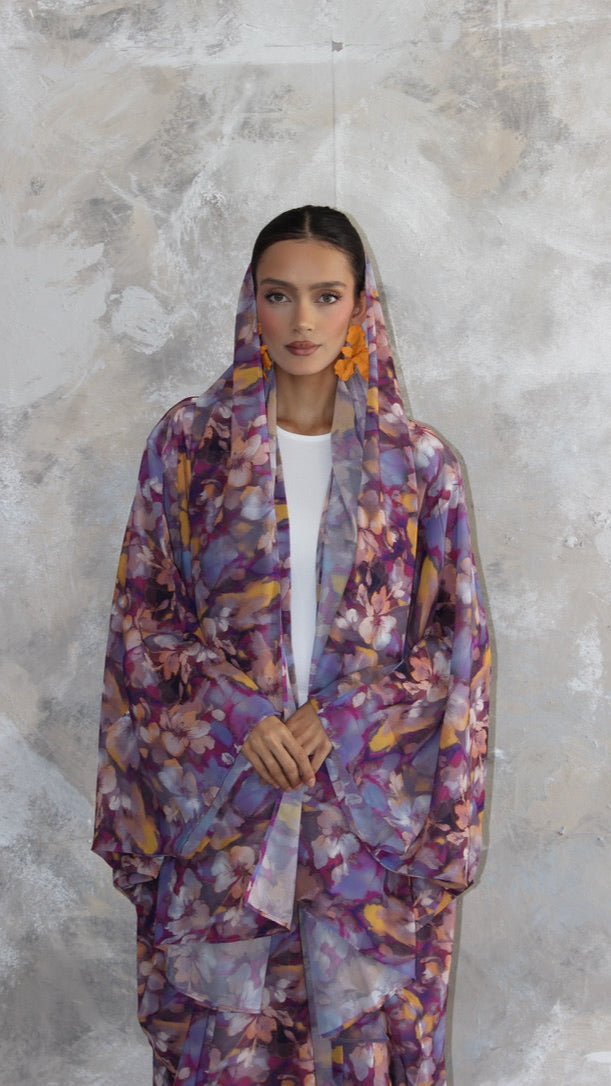 Sommer Purple Printed Kimono and Scarf Set
