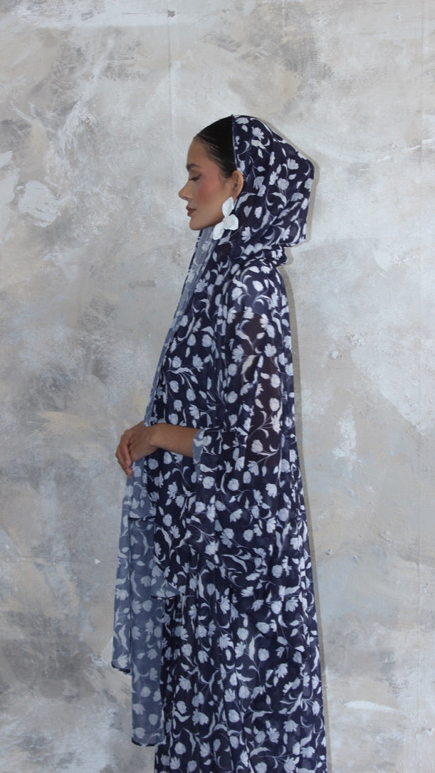Sommer Dark Blue Floral Print Kimono and Scarf Set