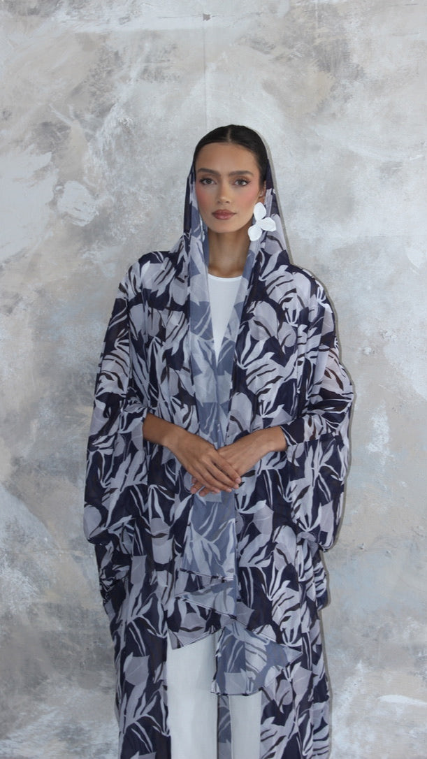 Sommer Dark Blue Print Kimono and Scarf Set
