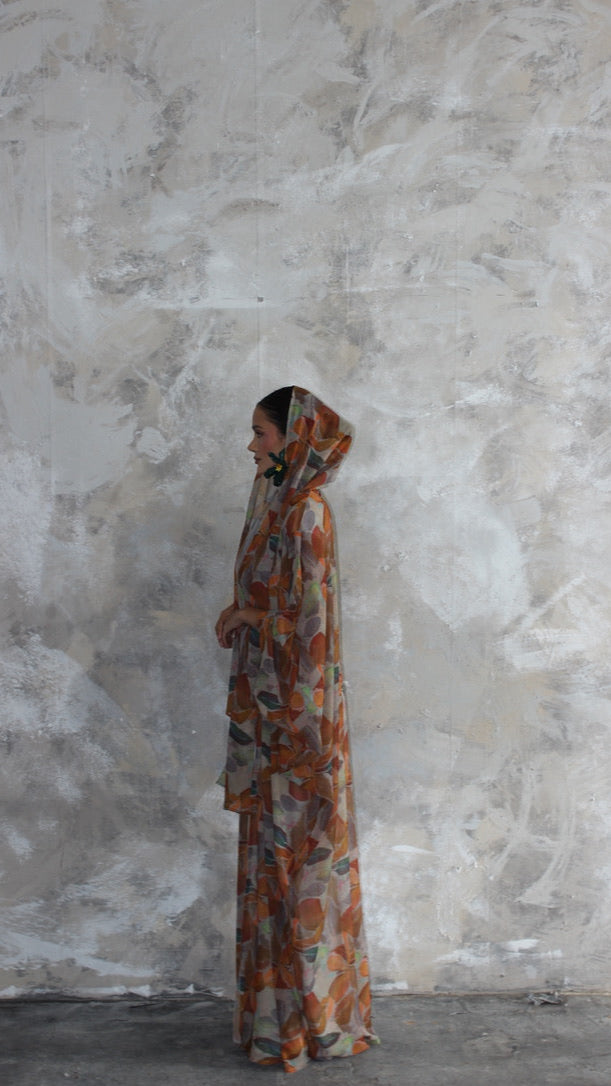 Sommer Brown Patchwork Printed Kimono and Scarf Set