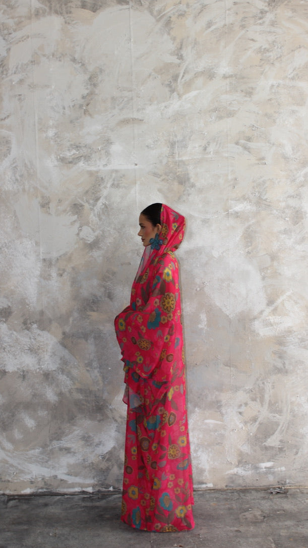 Sommer Retro Pink Printed Kimono and Scarf Set