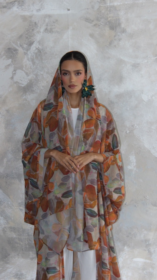 Sommer Brown Patchwork Printed Kimono and Scarf Set