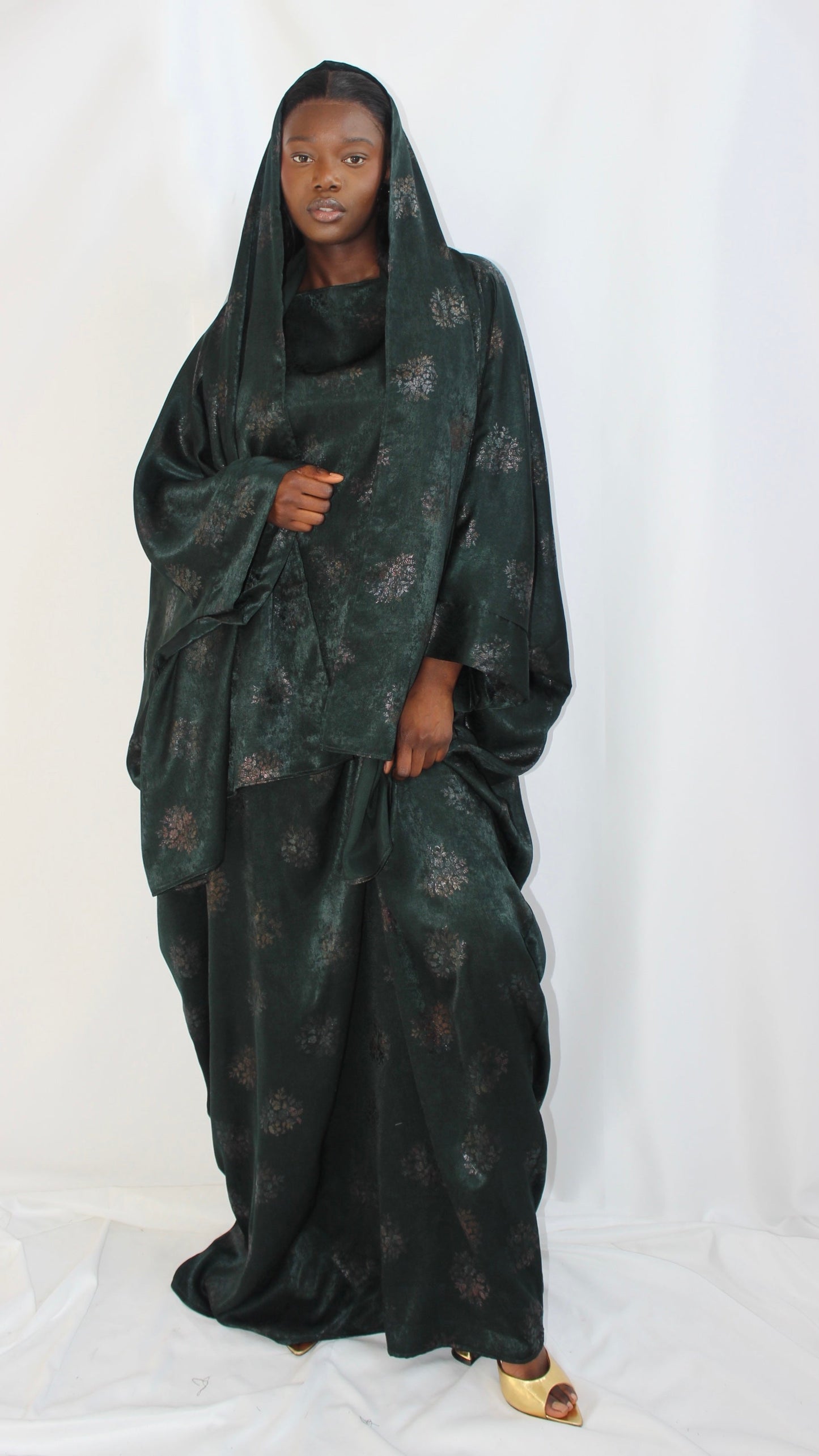 Hanifa Print Abaya & Scarf Set in Dark Green