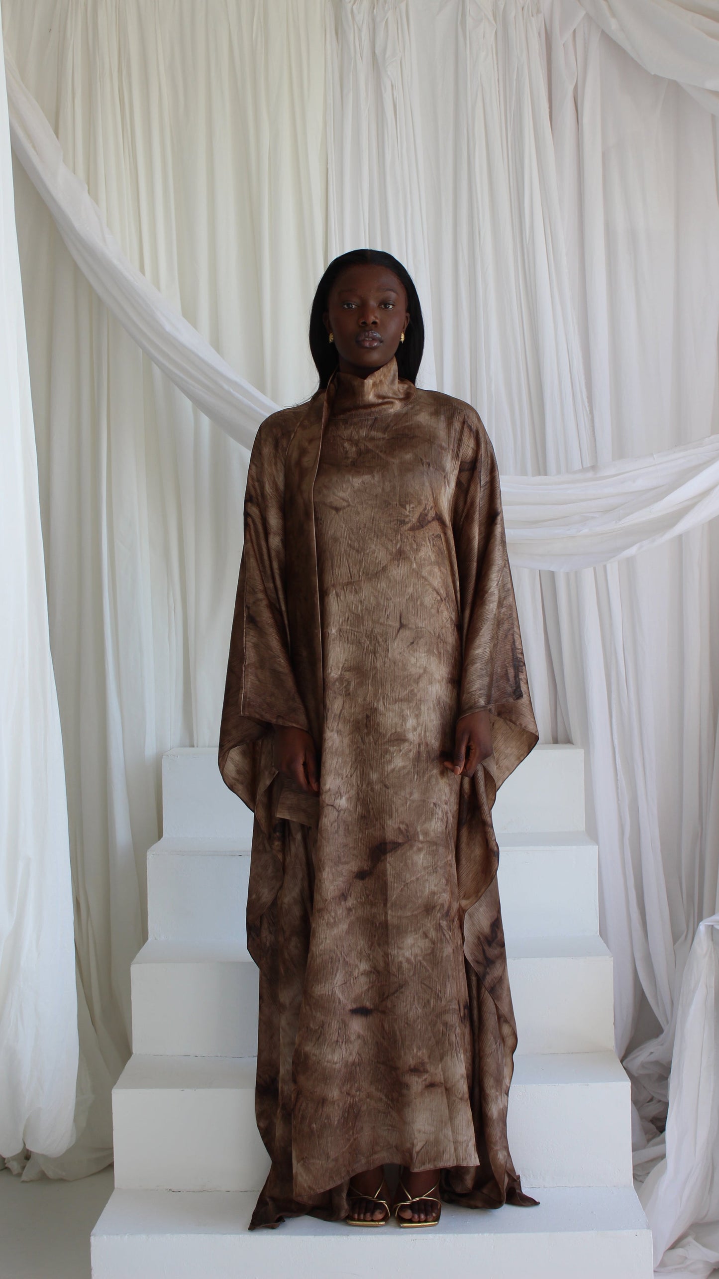KATSUMI FUDGE BROWN PRINT KAFTAN DRESS