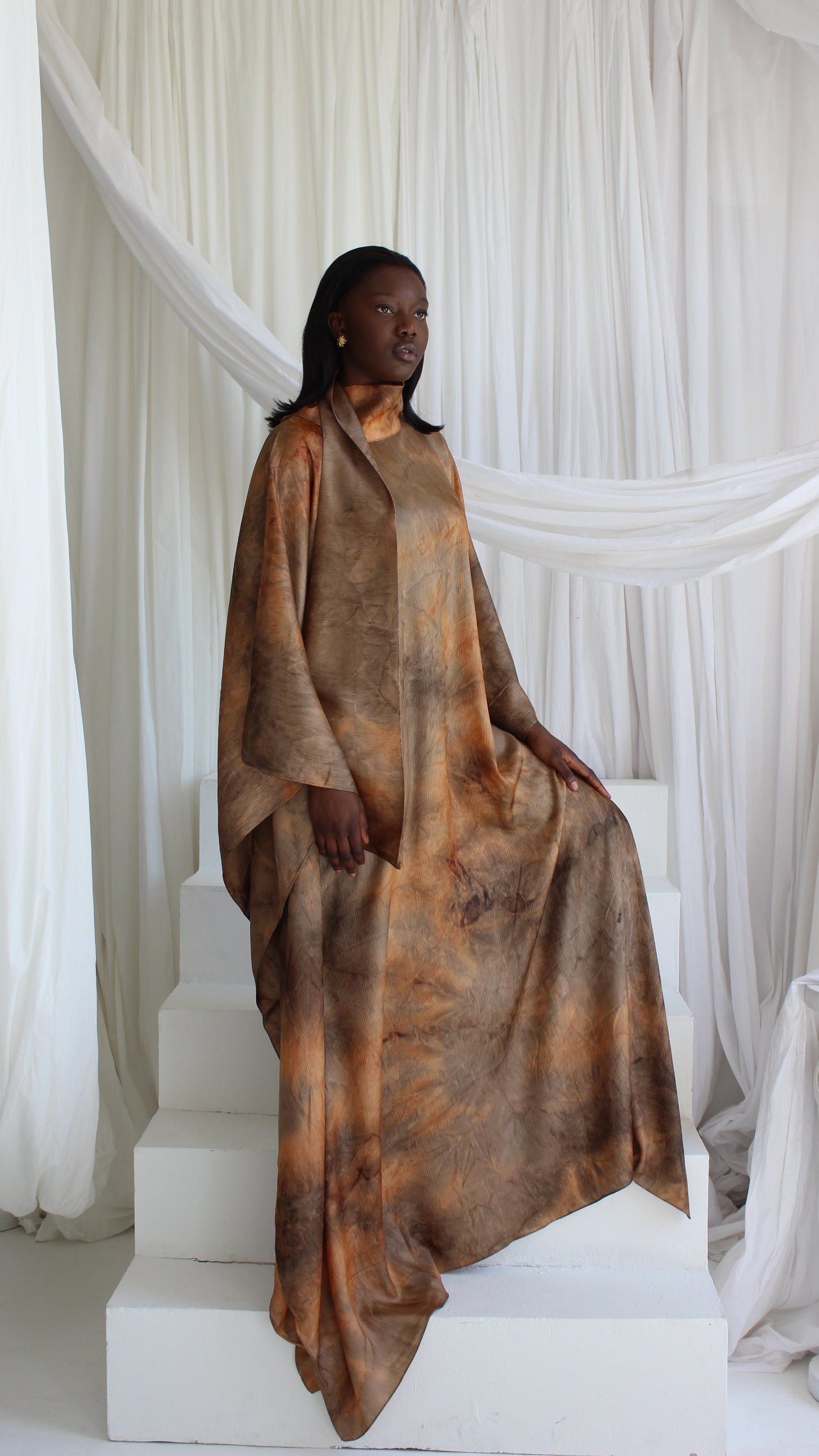 KATSUMI ORANGE & BROWN PRINT KAFTAN DRESS
