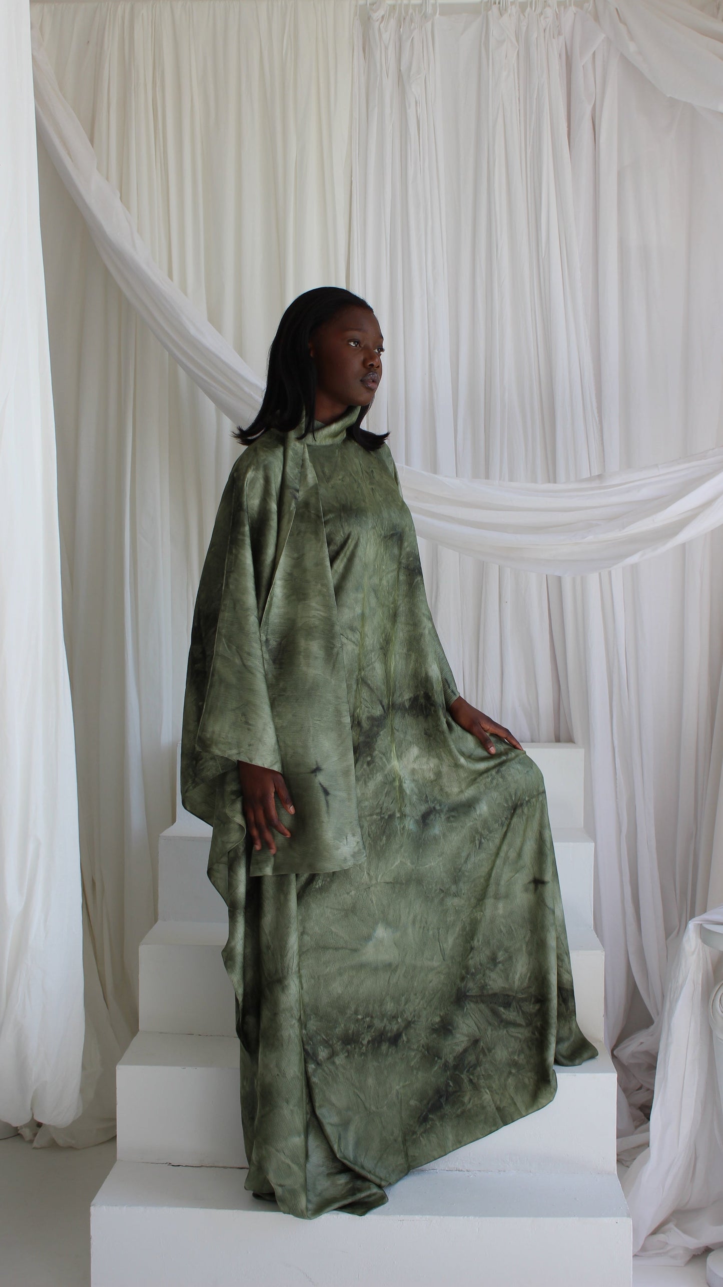 KATSUMI SAGE GREEN PRINT KAFTAN DRESS