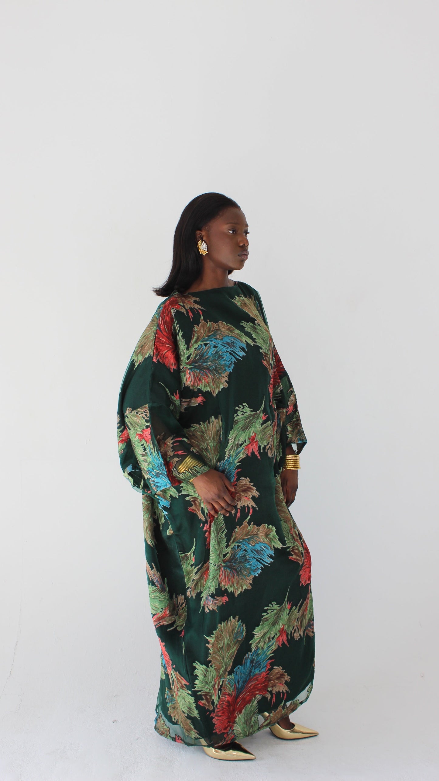 Wafa Print Kaftan Style Dress in Green and Coral