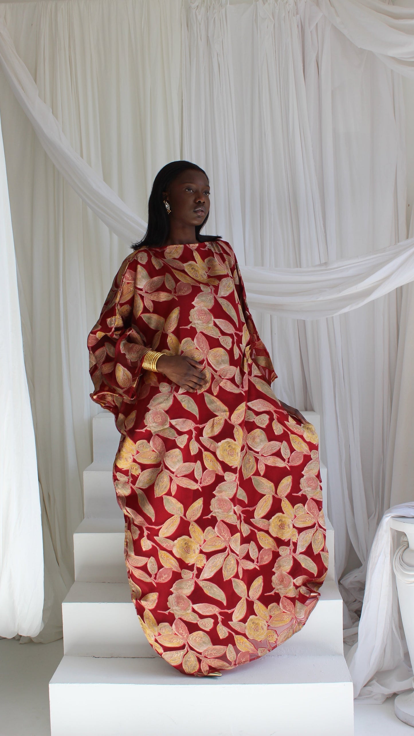 Awa Print Kaftan Style Dress in Red