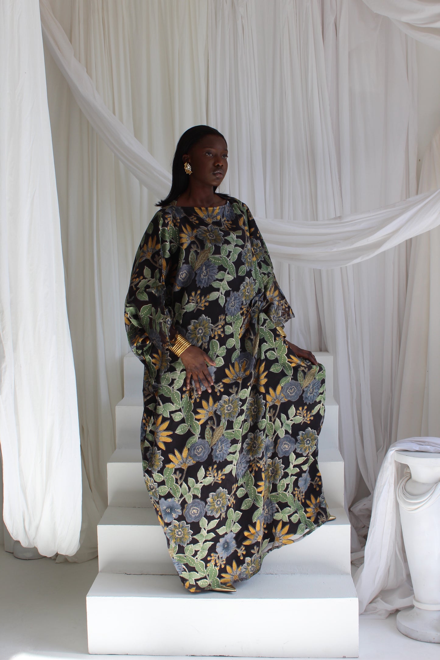 Wafa Print Kaftan Style Dress in Black and Blue