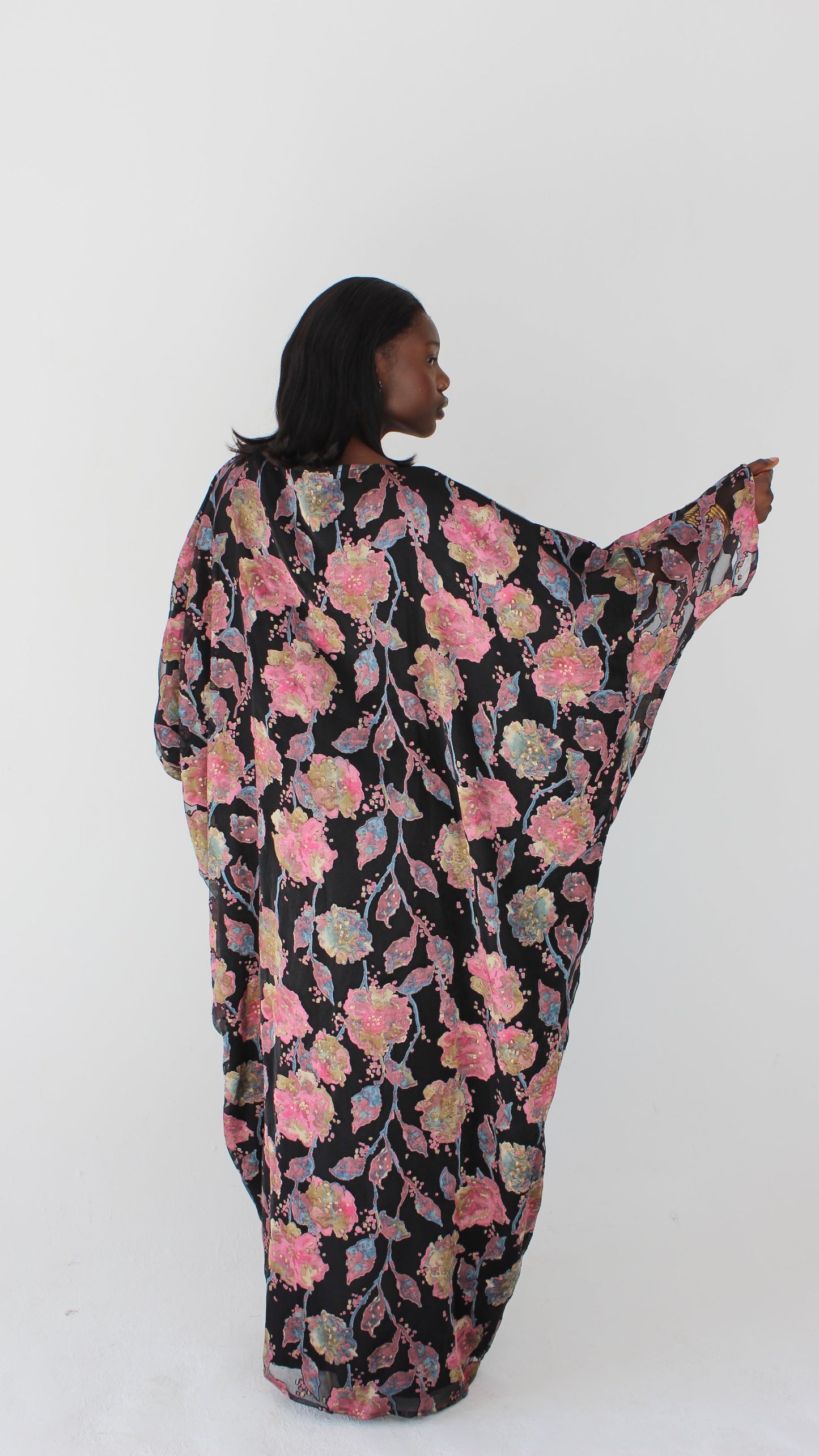 Wafa Print Kaftan Style Dress in Black and Pink