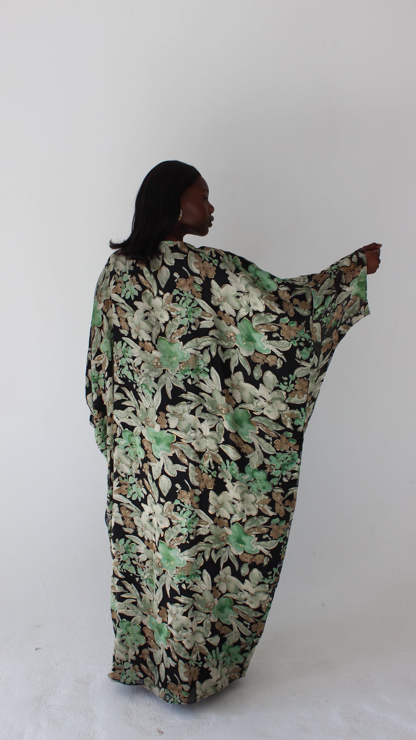 Wafa Print Kaftan Style Dress in Black and Mint