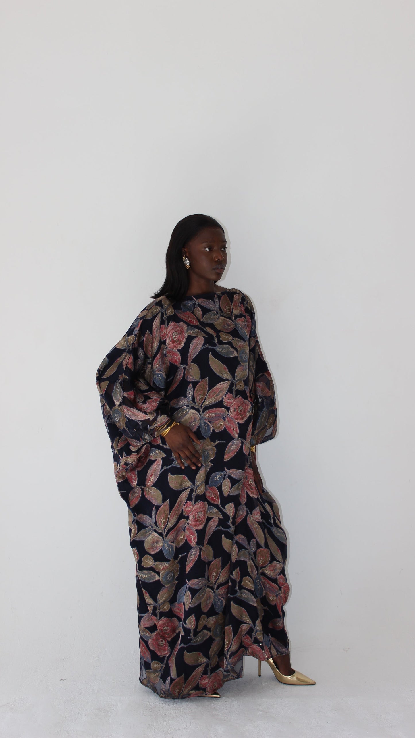 Awa Print Kaftan Style Dress in Dark Blue