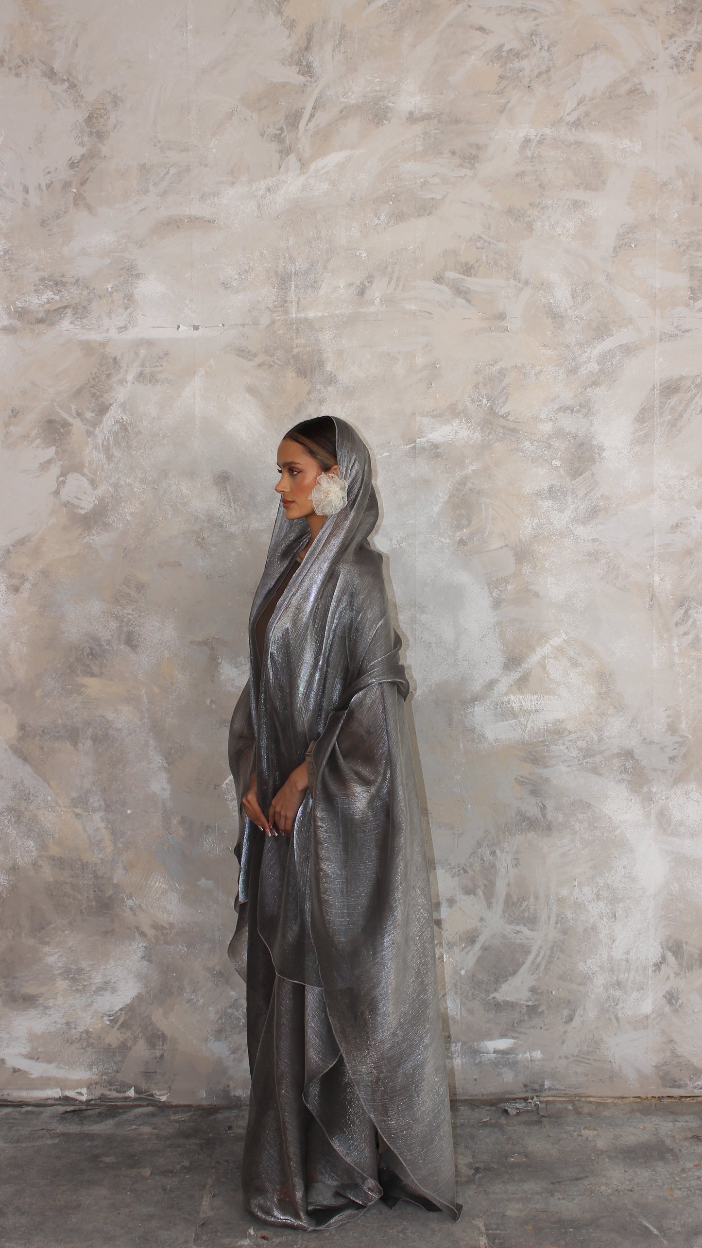 Alaia Organza Abaya and Scarf Set in Grey