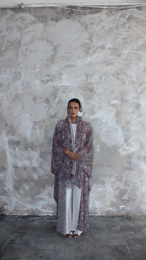 Sommer Lavender Printed Kimono and Scarf Set