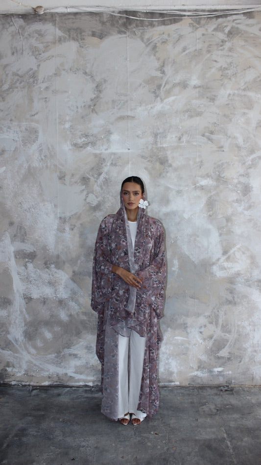 Sommer Lavender Printed Kimono and Scarf Set