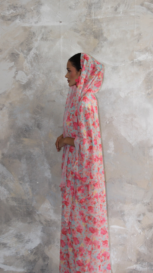 Sommer Blue and Pink Printed Kimono and Scarf Set