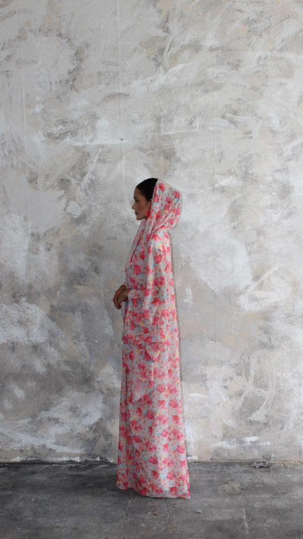 Sommer Blue and Pink Printed Kimono and Scarf Set