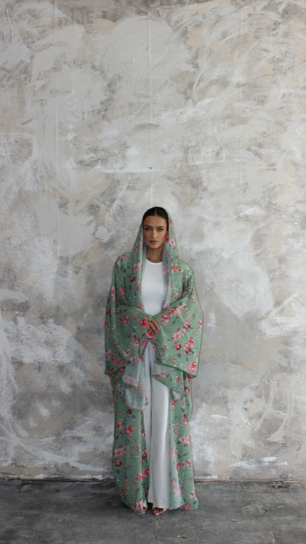 Sommer Matcha Printed Kimono and Scarf Set