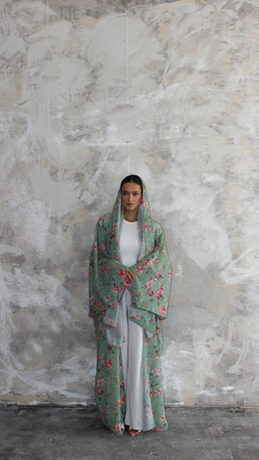 Sommer Matcha Printed Kimono and Scarf Set