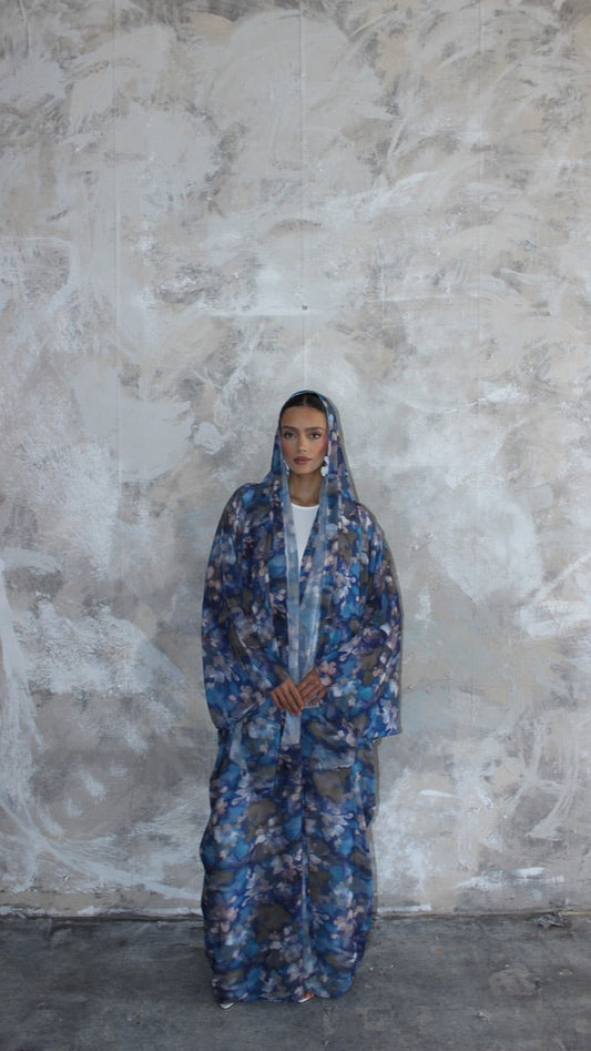 Sommer Blue Printed Kimono and Scarf Set