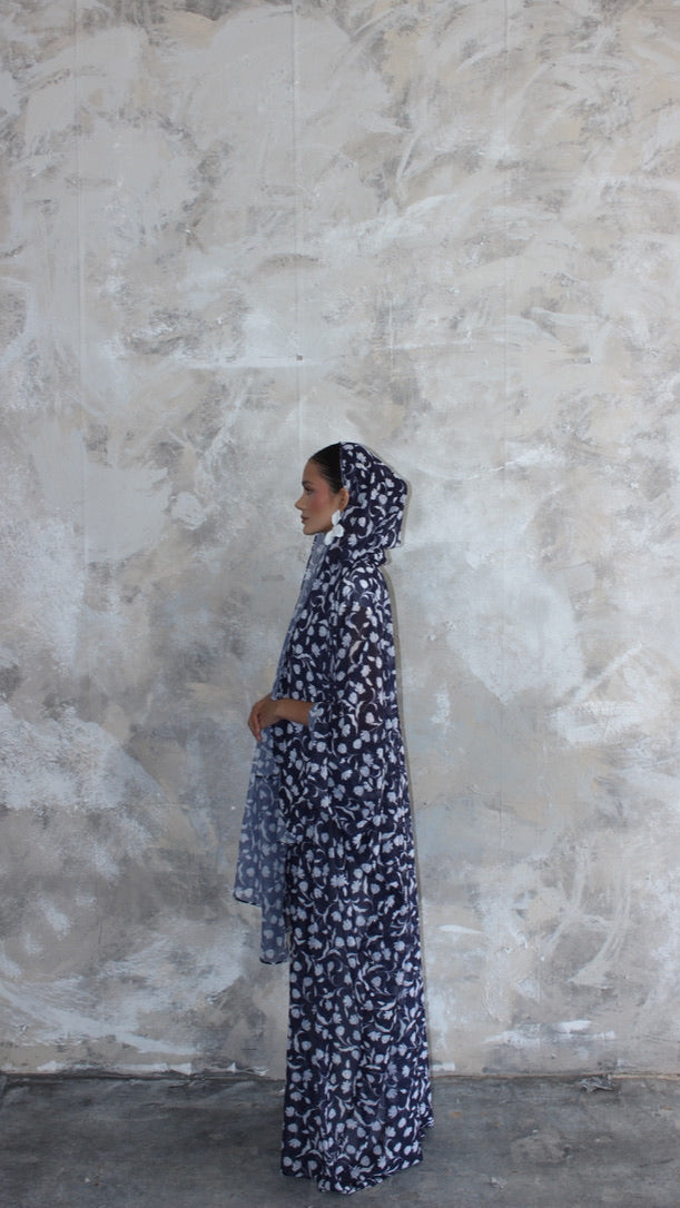 Sommer Dark Blue Floral Print Kimono and Scarf Set