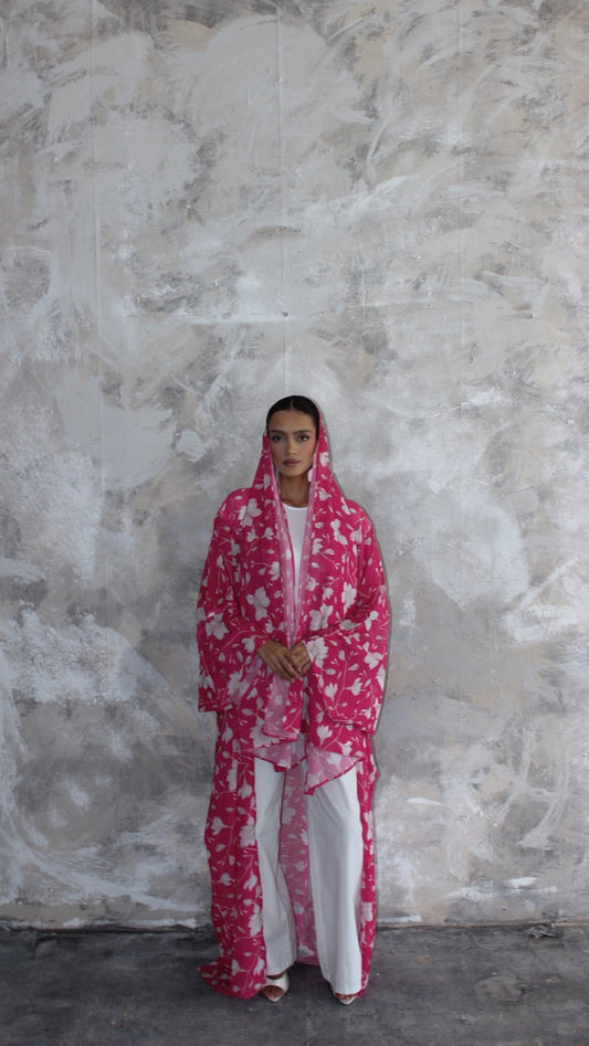 Sommer Hot Pink Printed Kimono and Scarf Set